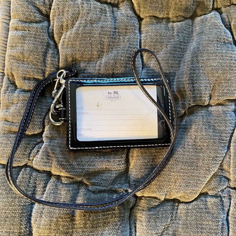 Coach ID Card Carrier Black w Patent Silver HW, 4x2.75”, 15” strap